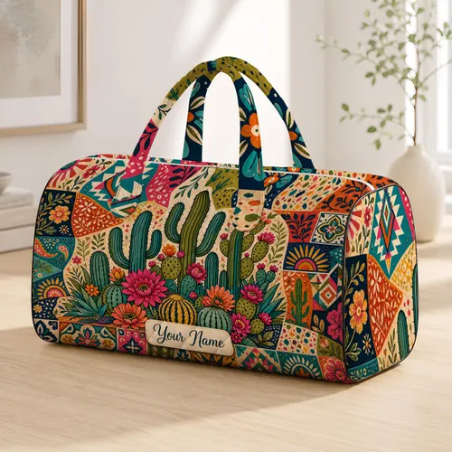 Colorful Cactus Patchwork Desert Floral Southwest Travel Accessory Women's Summer Trips Quilted Weekend Bag