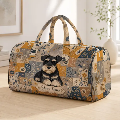 Miniature Schnauzer Portrait With Botanical Patchwork Charm For Dog Moms And Travel Quilted Weekend Bag