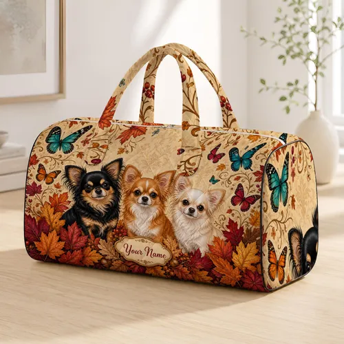 Three Long Eared Chihuahua Dogs With Autumn Leaves And Butterflies For Dog Mom Fans Quilted Weekend Bag