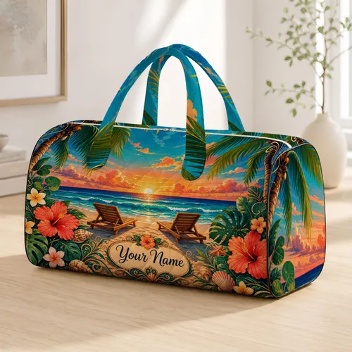 Tropical Beach Sunset With Palm Loungers For Vacation Travel And Summer Getaways Quilted Weekend Bag