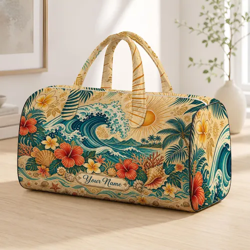 Tropical Ocean Wave With Hibiscus Shells For Coastal Escape Beach Vacation Travel Quilted Weekend Bag