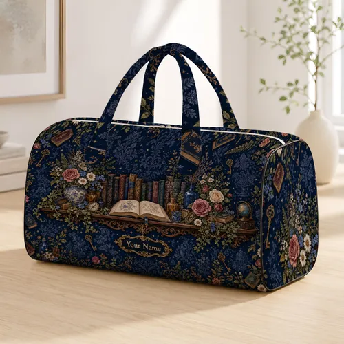 Vintage Book And Flower Display Shelf Navy Literary Garden Cottagecore Reader Gift Quilted Weekend Bag