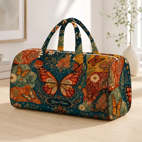 Boho Monarch Butterfly Floral Patchwork Mosaic For Autumn Travel And Holiday Gifts Quilted Weekend Bag