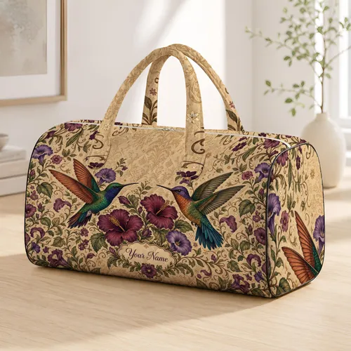 Hummingbirds With Plum Florals On Beige Parchment For Travel And Getaways For Her Quilted Weekend Bag