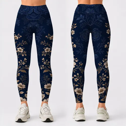 Navy Botanical Florals With Gold Accents For Elegant Yoga Studio And Weekend Style Leggings