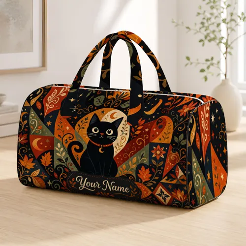 Whimsical Black Cat Autumn Folk Art Color Blocks For Halloween Travel And Cat Lovers Quilted Weekend Bag