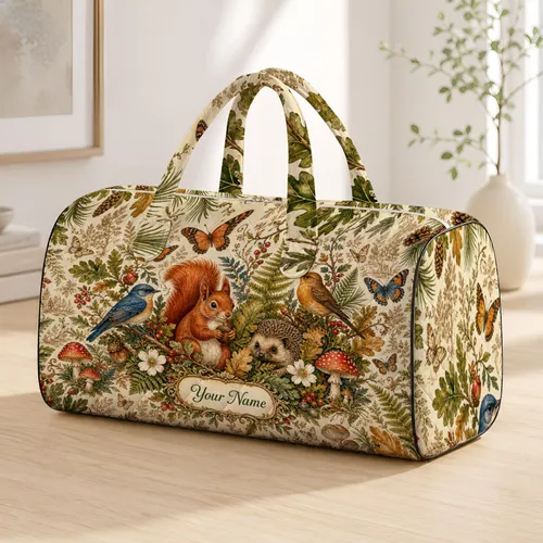 Forest Squirrel Hedgehog Birds Butterflies Woodland Travel Gift For Nature Lovers Quilted Weekend Bag