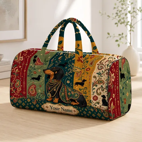 Retro Dachshund With Gold Jewelry Vintage Travel Style Gift For Dog Lovers Women Quilted Weekend Bag