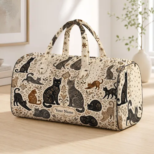 Elegant Cat Motif With Ivory Botanical Accents For Travel Lovers And Pet Moms Everywhere Quilted Weekend Bag