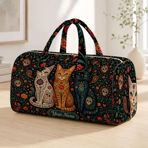 Folk Art Calavera Cats With Vines And Florals For Halloween Travel Cat Lovers Women Quilted Weekend Bag