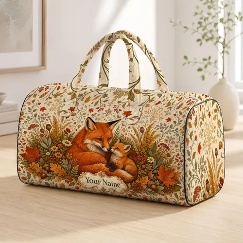 Red Fox Family With Autumn Florals For Thanksgiving Getaways And Animal Lovers Women Quilted Weekend Bag