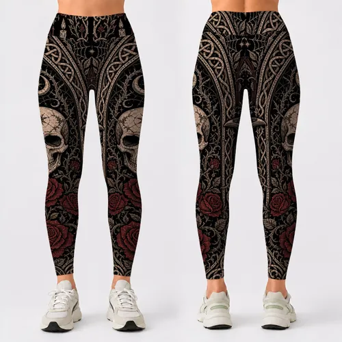 Gothic Skull Cathedral Arch With Ravens And Red Roses For Witchy Occult Style Outfits Leggings