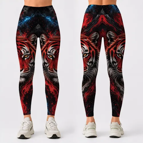 Red Tiger Night Sky With Crimson Stripes For Gym, Festival, And Streetwear Style Leggings