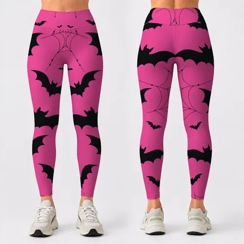 Hot Pink Black Bat And Spiderweb Halloween Costume Party Spooky Gothic Outfit Look Leggings