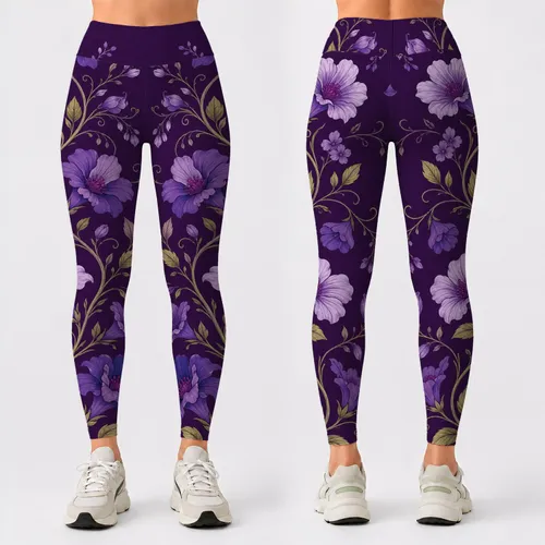 Purple Botanical Vine With Violet Blossoms For Resort Casual Yoga And Lounge Style Leggings