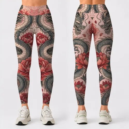 East Asian Imperial Dragon With Lotus Clouds For Yoga, Fitness, And Lounge Style Leggings