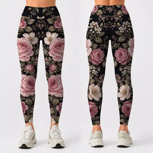 Dark Vintage Rose Florals With Blush Garden Blooms For Casual Everyday Feminine Style Leggings