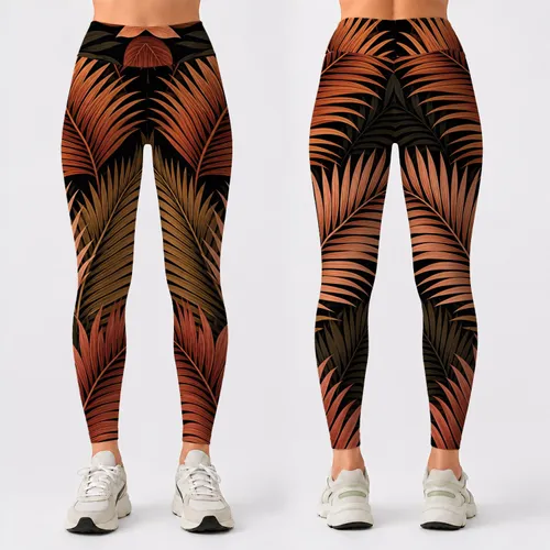 Copper And Terracotta Tropical Palm Fronds On Matte Black For Luxe Resort Vacations Leggings