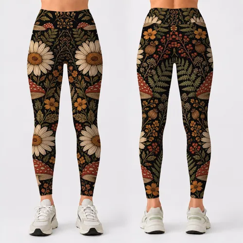 Red Mushroom Daisy Woodland Botanicals For Cottagecore Festival Yoga Wardrobe Style Leggings
