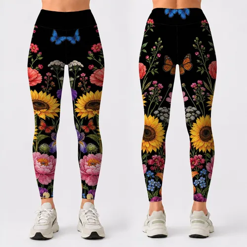 Black Wildflower Bouquet With Butterflies For Feminine Vacation Beach Outings Women Leggings