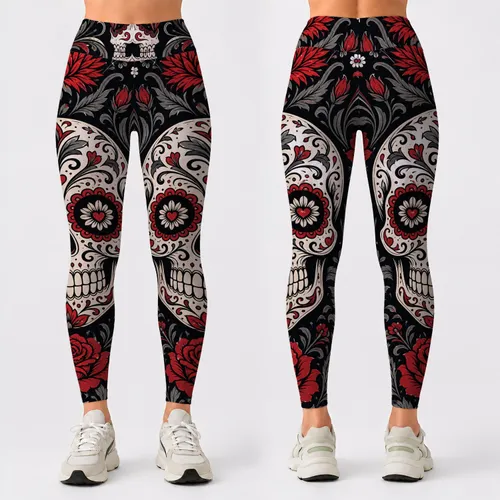 Gothic Sugar Skull With Crimson Florals For Yoga Studio Streetwear And Festival Looks Leggings
