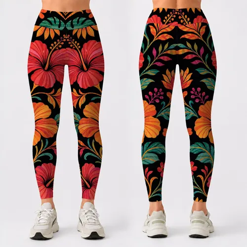 Retro Tropical Hibiscus Vines On Black For Boho Yoga Lounge Festival Style Women Leggings