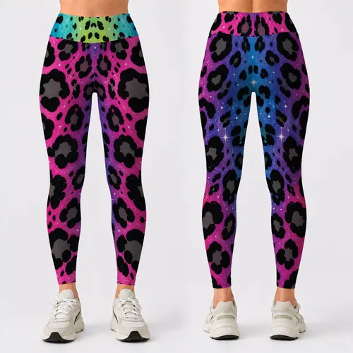 Rainbow Leopard Rosettes With Glitter Sparkles For Nightlife Festival Style Outfits Leggings