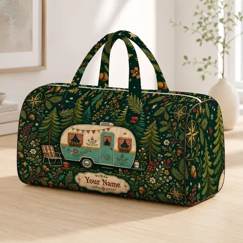 Retro Camper And Pine Forest For Cabin Getaways Road Trips And Outdoor Lovers Gift Quilted Weekend Bag