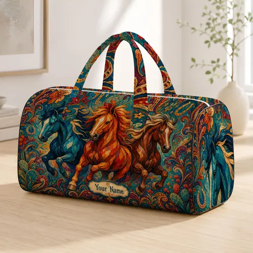 Colorful Galloping Horses With Western Florals For Rodeo Trips And Equestrian Style Quilted Weekend Bag