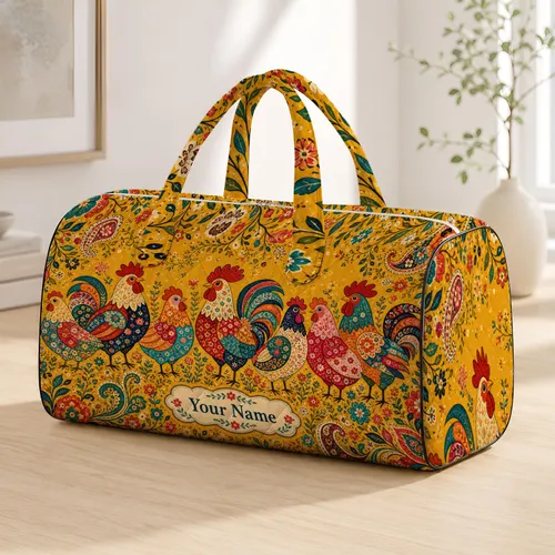 Retro Folk Chicken Patchwork Floral Mustard Farmhouse Travel Style For Hen Lovers Quilted Weekend Bag