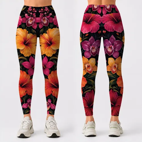 Dark Tropical Florals With Magenta Hibiscus And Orchid Blooms For Evening Garden Style Leggings