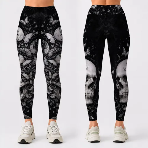 Ivory Skull With Silver Butterflies Gothic Dark Elegance For Alternative Night Style Leggings
