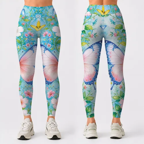 Aqua Butterfly Garden Floral Meadow For Spring Outings And Fresh Countryside Style Leggings