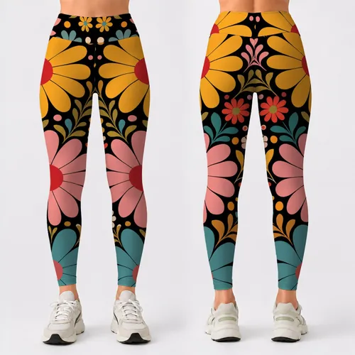 Black Retro Daisy Floral Pop Garden Streetwear Spring Summer Casual Outfit For Women Leggings