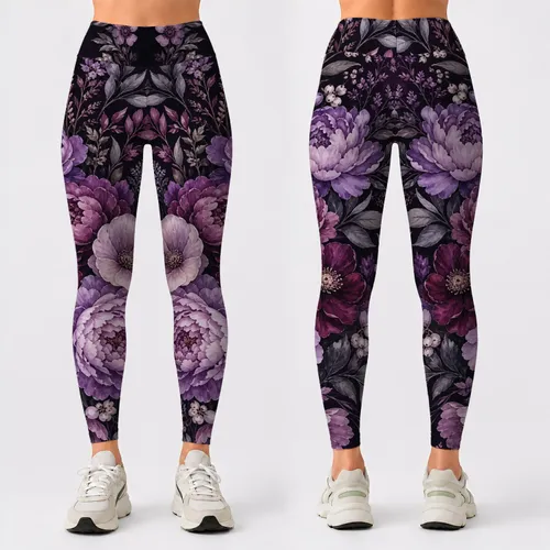 Dark Plum Winter Florals With Lavender Peonies For Women's Cold Weather Lounge Style Leggings