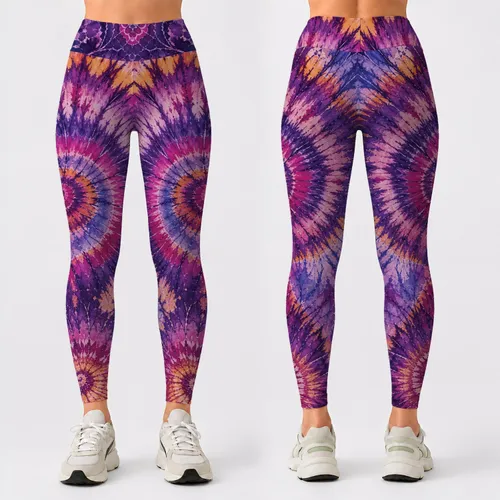 Bohemian Tie Dye Spiral Burst Festival Yoga Style In Purple Magenta Ochre For Women Leggings