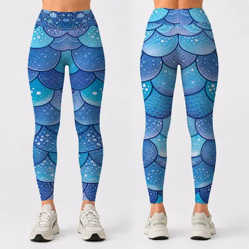 Ocean Blue Mermaid Fish Scales Mosaic For Yoga, Gym, Dance, And Everyday Coastal Style Leggings