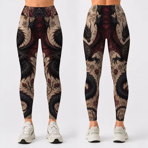 Dark Romantic Dragon With Roses And Parchment Fantasy Gothic Festival Style For Women Leggings