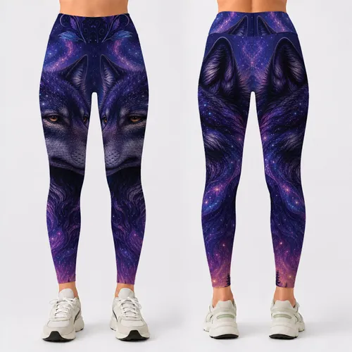 Purple Galaxy Wolf Forest With Mystic Vines For Yoga Fitness Dance And Wolf Lovers Leggings
