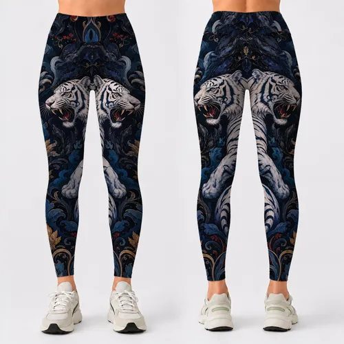 Roaring White Bengal Tigers With Midnight Jungle Vines For Fierce Streetwear Style Leggings