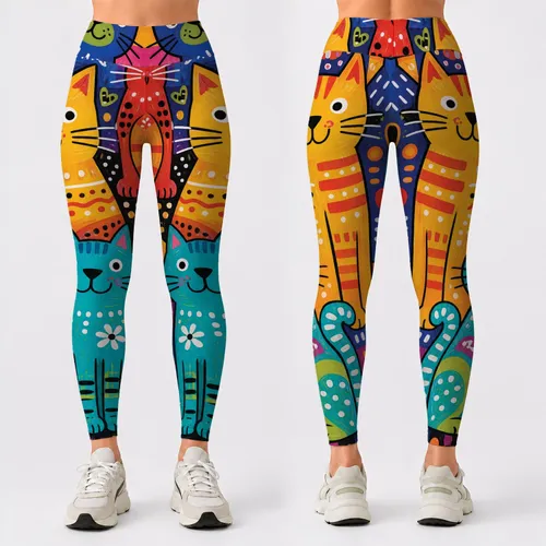Whimsical Colorful Cats Folk Art Collage For Festival Yoga And Everyday Joy Cat Lovers Leggings