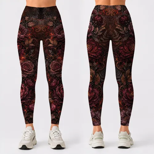 Gothic Boho Burgundy Roses With Ember Ash Patina For Yoga Festival Western Romance Leggings