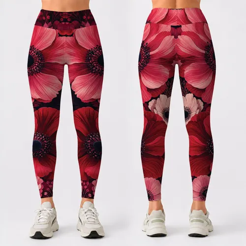 Oversized Crimson Floral Anemone Blooms For Yoga Studio Summer Athleisure Looks Leggings