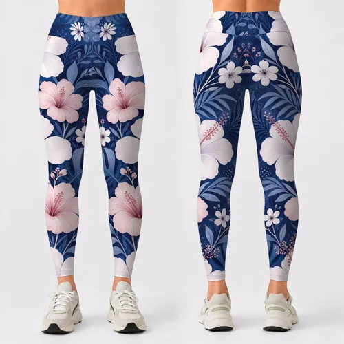Indigo Blue White Hibiscus Floral Denim Look For Beach Yoga And Casual Commute Women Leggings