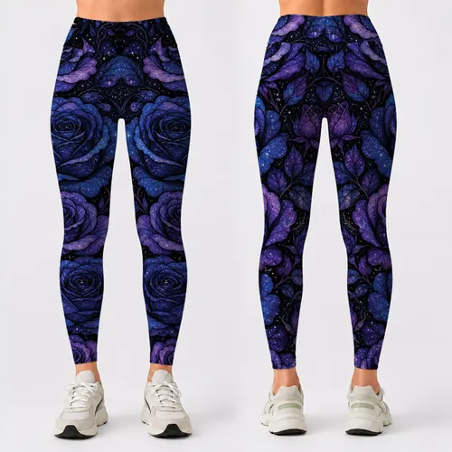 Midnight Celestial Roses Dark Floral Galaxy Aesthetic For Yoga Studio And Lounge Leggings