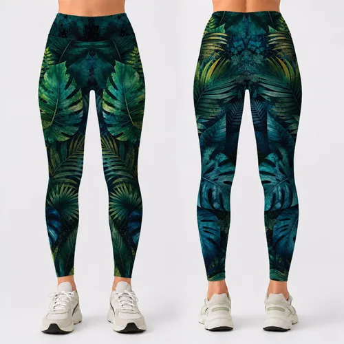 Dark Tropical Ink Wash Foliage With Palm Monstera Ferns For Yoga Studio Athleisure Leggings