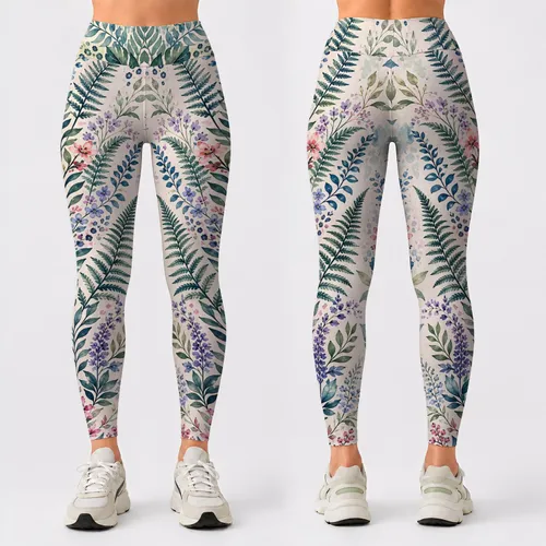 Watercolor Botanical Jungle Ferns And Teal Leaves For Yoga, Pilates, And Resort Style Leggings