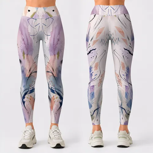Abstract Ink Wash Lavender Teal Brush Marks For Yoga Studio And Wellness Retreats Leggings