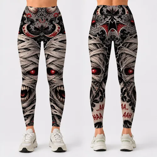 Glowing Mummy Head Gothic Horror Collage For Halloween Workouts And Spooky Streetwear Leggings
