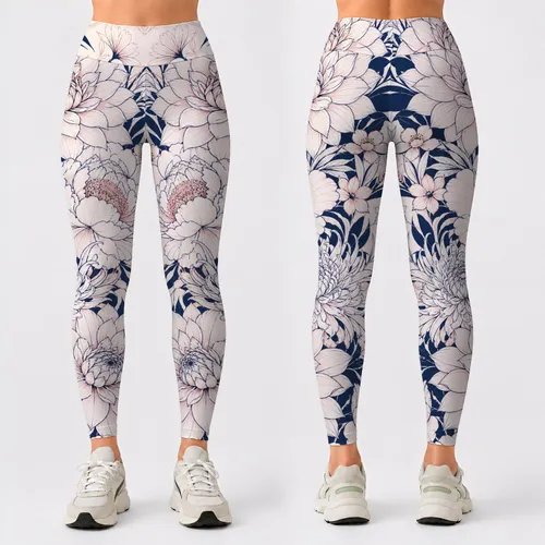 Navy Ivory Dahlia Peony Line Art With Blush Accents For Yoga And Athleisure Women Leggings
